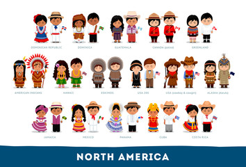 Canvas Print - Americans in national clothes. North America. Set of cartoon characters in traditional costume. Cute people. Vector flat illustrations.