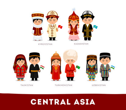 asians in national clothes. central asia. set of cartoon characters in traditional costume. cute peo