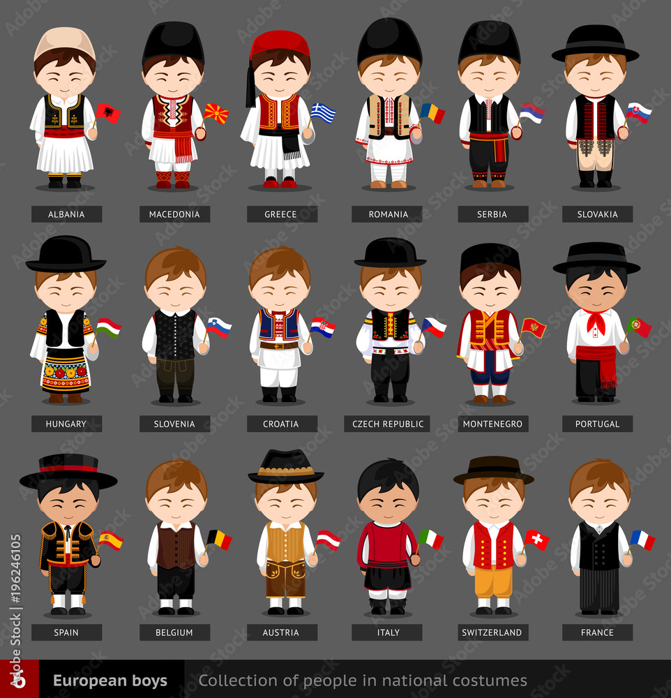 European boys in national dress with flag. Set of european men dressed in national clothes. Collection of people in traditional costume. Vector flat illustration. Stock Vector Adobe Stock