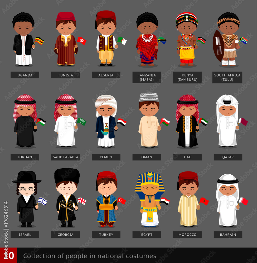 Vector de Stock Boys in national costumes. Set of african and asian men  dressed in national clothes. People with flag. Collection of characters.  Vector flat illustration. | Adobe Stock, image size:975x1000