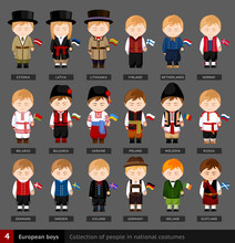European Boys In National Dress With Flag. Set Of European Men Dressed In National Clothes. Collection Of People In Traditional Costume. Vector Flat Illustration.