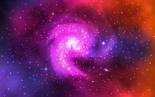 Cosmic Spiral Galaxy. Realistic Color Space Background With Nebula, Stardust And Shining Stars. Universe With Colorful Planets. Trendy Vector Illustration