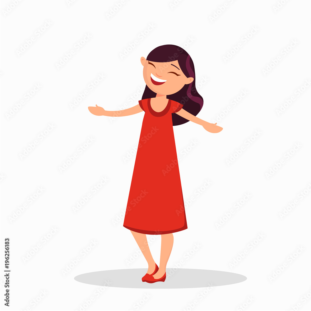 Girl in a red dress is laughing, cartoon character isolated on white background. Happy girl in casual style vector flat illustration. Stock Vector | Adobe Stock Girl in a red dress is laughing, cartoon character isolated on white background. Happy girl in casual style vector flat illustration. Stock Vector | Adobe Stock