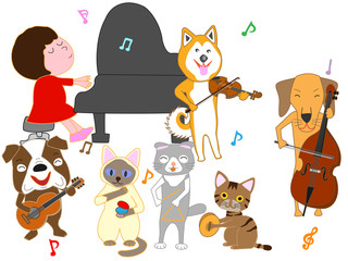  猫と犬のコンサート。子供とペットが歌ったり、楽器を演奏したりしている。
