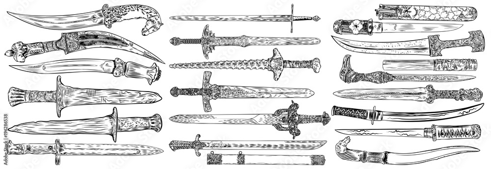 Black work tattoo art hand drawn engraving style medieval knife, dagger, sword for flesh body art. Vintage sketch edged antique weapons. Vector. - obrazy, fototapety, plakaty 