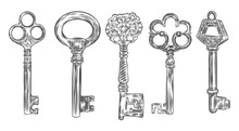 Big Set Of Retro Keys, Vintage Style. Key Collection Illustration For Antiques Decoration.  Ornamental Medieval Collection. Hand Drawn Old Realistic Design Vector.