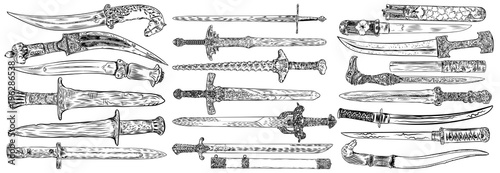 Cuadros en Lienzo Black work tattoo art hand drawn engraving style medieval knife, dagger, sword for flesh body art