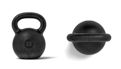 Wall Mural - 3d rendering of two black metal 32 kg kettlebells, one in front view and one in top view.