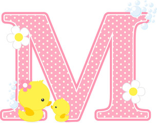 Wall Mural - initial m with flowers and cute baby duck and mom isolated on white. can be used for baby girl birth announcements, nursery decoration, mother's day card,party theme or birthday invitation. 