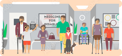 Disabled People In Hospital Banner In Flat Style Illustration