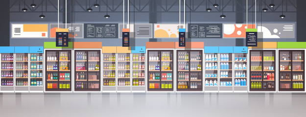 Poster - Supermarket Interior Retail Store With Assortment Of Grocery Food On Shelves Horizontal Banner Flat Vector Illustration