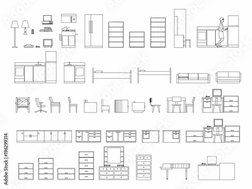 Front and side view of set furniture elements outline ... wiring diagram for kitchen range 