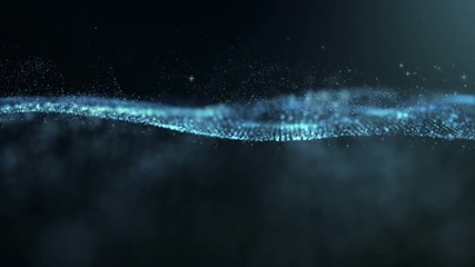 Poster - Digital blue abstract luxurious sparkling wave particles flow de-focus background