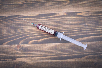 Wall Mural - marketing strategy concept. Medicine syringe with liquid inside and inscribtion.