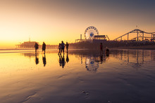 Santa Monica Beach And Pier In California USA At Sunset