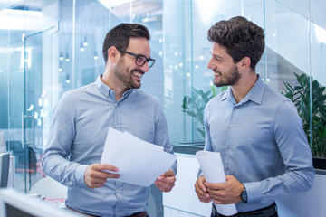 Wall Mural - Two handsome bearded business men discussing paperwork in office