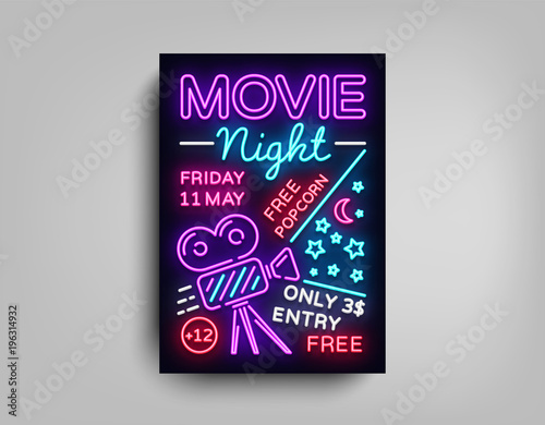 movie night poster design template in neon style neon sign light