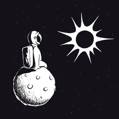Canvas Print - astronaut on planet watches to sun.spaceman explore universe.vector illustration