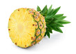 Pineapple half. Pineapple slice isolated on white. Pineapple with leaves. Full depth of field.