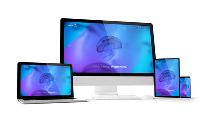Wall Mural - computer gadgets with fluid website on screen