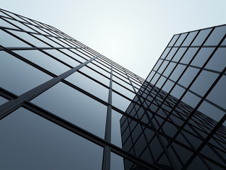 Poster - 3D stimulate of highrise glass building and dark steel window system on blue clear sky background,Business concept of future architecture,lookup to the angle of the corner building.