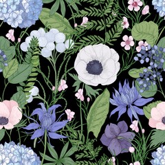 Poster - Botanical seamless pattern with beautiful wild blooming flowers hand drawn on black background. Backdrop with elegant flowering plants. Natural vector illustration for textile print, wallpaper.