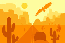 Desert Landscape With Eagle, Cactus And Sun. Vector