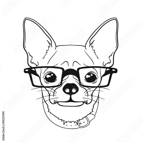 Vector Sketch Of Dog Face With Glasses In Line Style