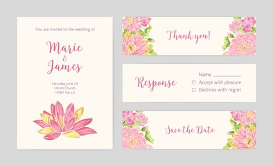 Wall Mural - Set of wedding party invitation, Save the Date card, Response and Thank You note templates with blooming lotus flowers hand drawn on light background and place for text. Floral vector illustration.