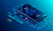 Smart Home Controlled Smartphone. Internet Of Things Technology Of Home Automation System. Small House Standing On Screen Mobile Phone And Wireless Connections With Icons Home Electronics Devices. Iot