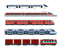 Vector Illustration Set Of Modern Passenger Trains. Subway Transport, High Speed Trains And Underground Train. Metro Train In Flat Style.