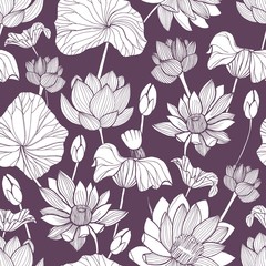 Poster - Romantic seamless pattern with tender blooming lotus hand drawn with contour lines on purple background. Backdrop with exotic flowers, buds and leaves. Floral vector illustration for fabric print.