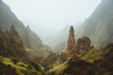 Picturesque Canyon Ribeira Da Torre Covered With Sand Dust Brought From Sahara. Sugarcane, Coffee And Other Cultivation Grow On Steep Terraced Hills. Xo-Xo Valley Santo Antao Cape Verde Cabo Verde