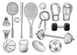 Sport equipments illustration, drawing, engraving, ink, line art, vector