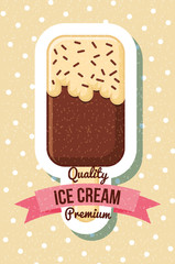 Sticker - ice cream premium lolly in stick with chips vector illustration