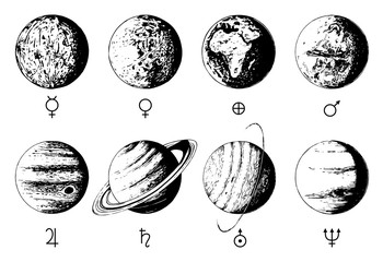 Solar system infographics in vector. Hand drawn illustration of eight planets