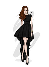 A Tall, Slender Girl In A Beautiful Evening Dress. Fashion & Style. Vector Illustration. Eps 10.

