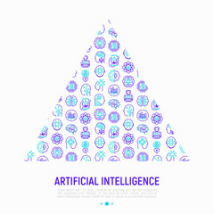 Artificial intelligence concept in triangle with thin line icons: robot, brain, machine learning, marketing analytics, cpu, chip, voice assistant. Modern vector illustration for print media, banner.