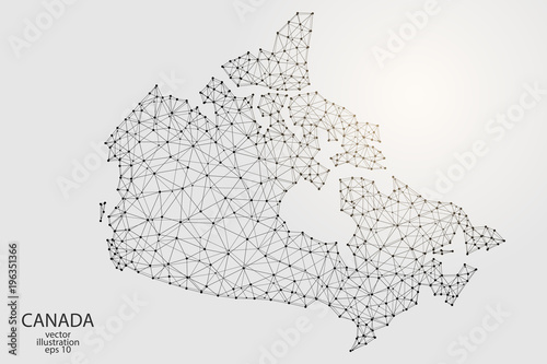 Fotografía A map of Canada consisting of 3D triangles, lines, points, and connections