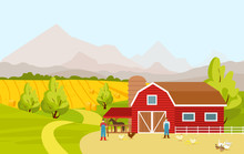 Vector Illustration Of Mountain Countryside Landscape With Red Farm Barn, Fields, People And Farm Animals In Cartoon Flat Design.