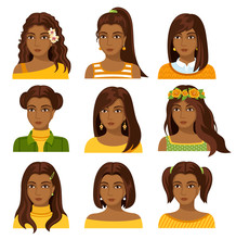 Set Of African Woman Faces With Various Hairstyle. Collection Of Young Girls Portraits. Different Avatars Of African Girls With Different Haircut. Indian Girl. Vector Illustration.