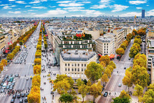 Paris, France - Champs Elysees Cityscape. View From Arc De Triomphe. Blue Sky With Clouds In Autumn.