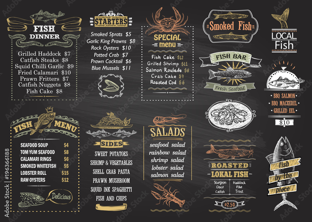 Fish menu chalkboard desigs set - obrazy, fototapety, plakaty 