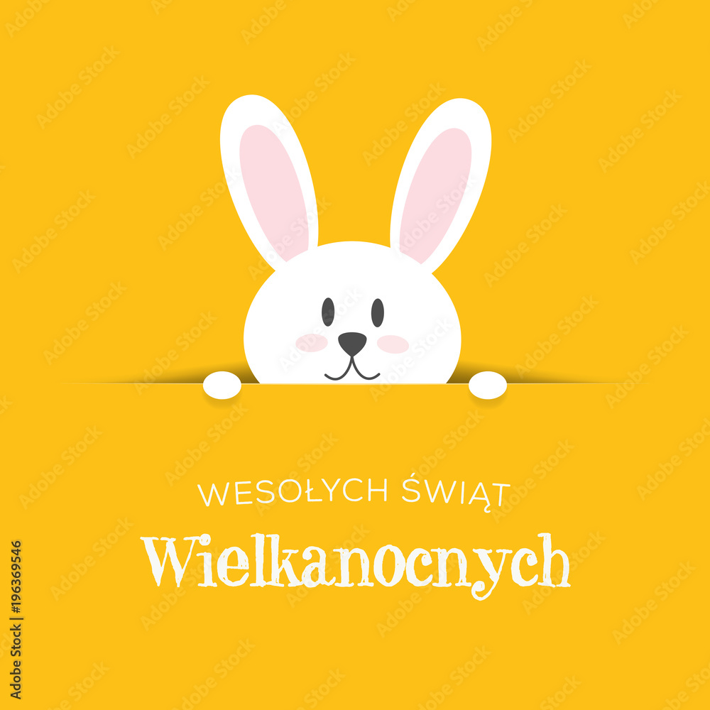 Wesołych Świąt Wielkanocnych, koncepcja kartki z życzeniami w języku  polskim, króliczek wychyla się z nory, obrazy, fototapety, plakaty -  BajeczneObrazy.pl