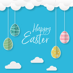 Wall Mural - happy easter, concept of greeting cards with beautiful colorful easter eggs that hang on a string fr
