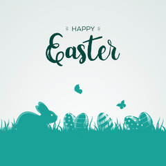 Wall Mural - greetings happy easter with easter eggs, bunny and butterflys on a turquoise background