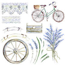 Set Of Hand Drawn Watercolor Clipart. Provence Atmosphere, Laven