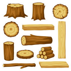 Set of wood logs for forestry and lumber industry. Illustration of trunks, stump and planks