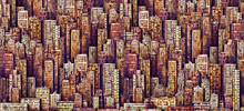 Hand Drawn Background With Big City. Illustration With Architecture, Skyscrapers, Megapolis, Buildings, Downtown.