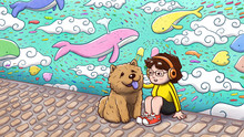 Girl Sitting Petting Her Chow Chow Dog In Front Of A Graffiti Wall, With Whales And Fishes Flying In The Sky.